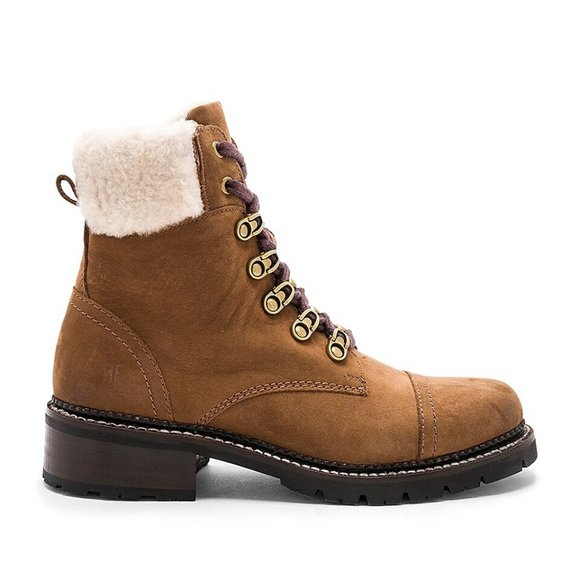 Frye Shoes - Frye Samantha Shearling Cuff Lace-Up Hiker Boot in Cognac Sunwashed Nubuck NEW